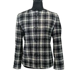 Preston & York Petites 8P Black White Plaid Tweed Collarless Blazer Wool Blend